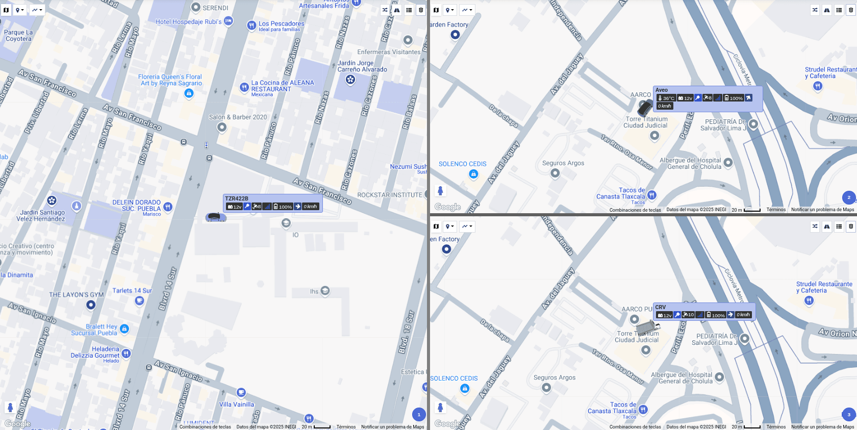 Vista de ControlMuro: tres mapas simultáneos en pantalla, cada uno siguiendo un activo con su patente, voltaje, señal, batería y velocidad en vivo