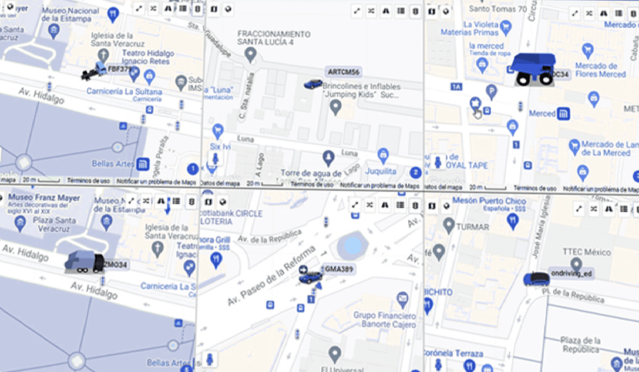 Muro de monitoreo de ControlMuro con seis mapas en paralelo, cada uno centrado en un activo distinto identificado por su patente, para vigilar unidades de alto riesgo en una sola pantalla