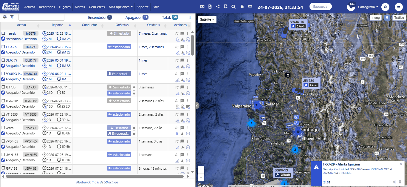 Vista de ControlRastreo: listado de activos con estado y reporte, y mapa satelital con las unidades de la flota entre Valparaíso y Santiago
